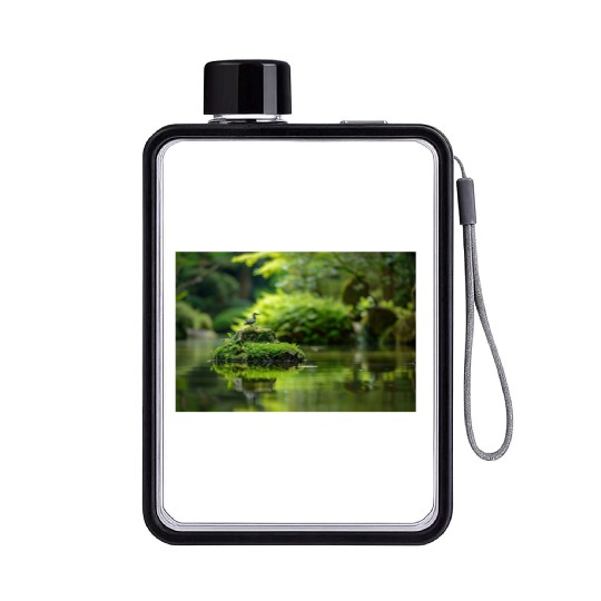 Serene Pond with Bird on Mossy Rock Flat Water Bottles