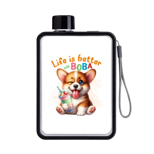 Corgi with BOBA tea Milk TEA Bubble tea Flat Water Bottles