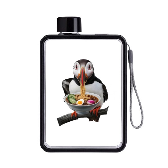 Atlantic Puffin Eating Ramen Realistic Flat Water Bottles