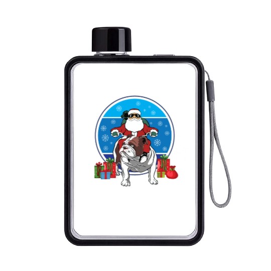 Christmas Santa Claus Riding English Bulldog Xmas Flat Water Bottles