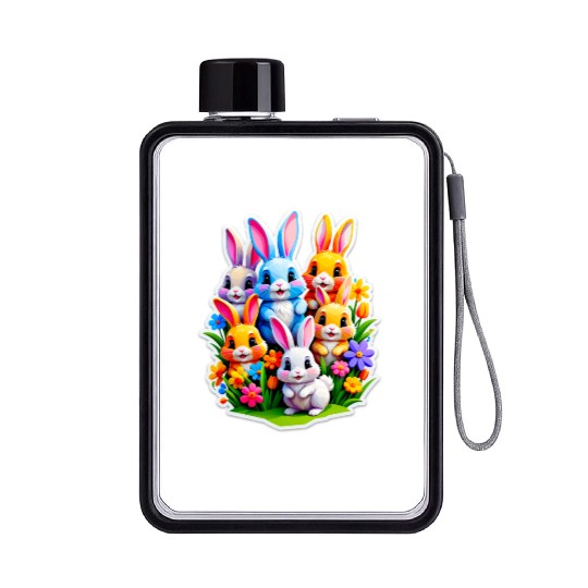 Colorful Spring Celebration with Cute Bunnies Flat Water Bottles