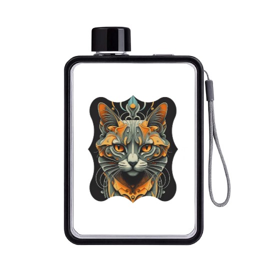 Elegant stylish black and gold cat face Flat Water Bottles