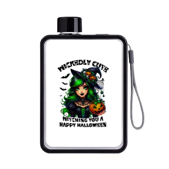 Halloween Wicked Cute Green Witch Flat Water Bottles