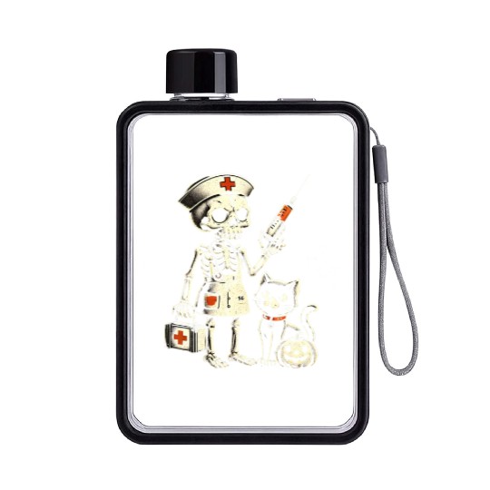 Creepy Nurse Skeleton with Pumpkin and Black Cat Flat Water Bottles