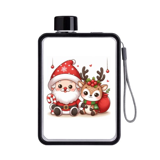 Festive Santa and Reindeer Illustration Flat Water Bottles