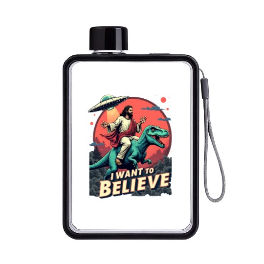 Jesus Riding a Dinosaur with UFO - I Want to Belie Flat Water Bottles