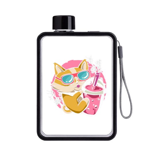 Kitten Kawaii Boba Milk Tea Drinking Cat Flat Water Bottles