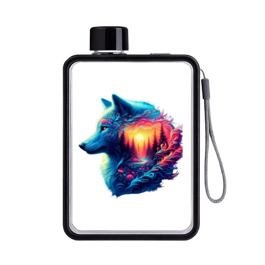 Colorful Wolf and Sunset Forest Flat Water Bottles