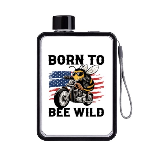 Funny Saying Born to Bee Wild US Flag Motorcycle Flat Water Bottles