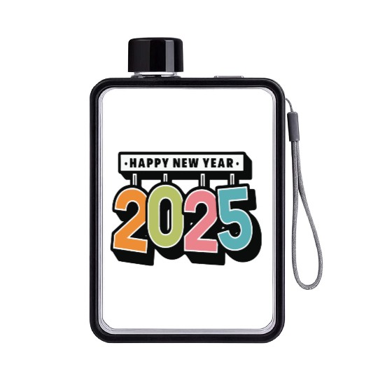 Colorful Happy New Year 2025 Flat Water Bottles