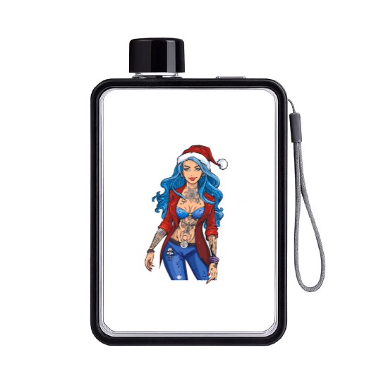 03 Sexy Christmas Woman Blue Hear Deer Tattoos Flat Water Bottles