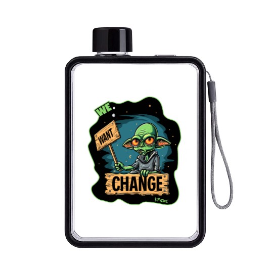 Fed Up Green Martian Alien Protest: We Want Change Flat Water Bottles