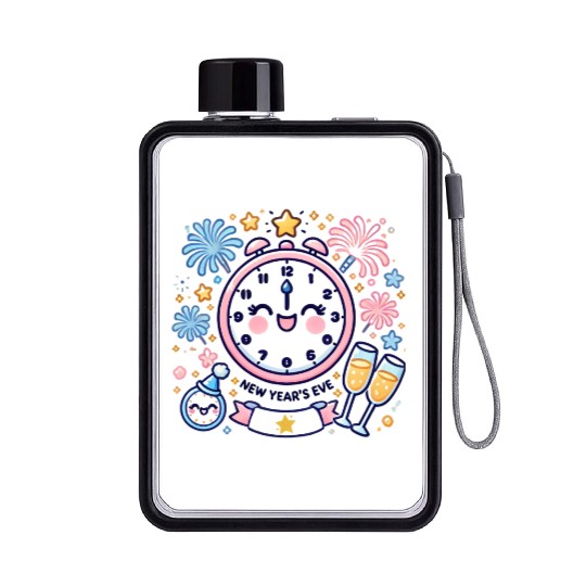 Celebrate New Year's Eve, Fun Clock and Fireworks Flat Water Bottles