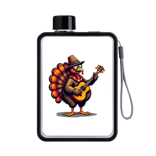 Funny Thanksgiving Turkey Guitar Player Music Flat Water Bottles