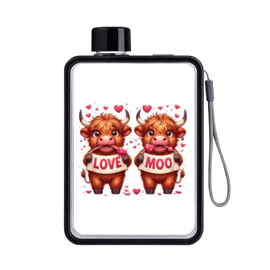Cute cartoon valentines highland cow Flat Water Bottles
