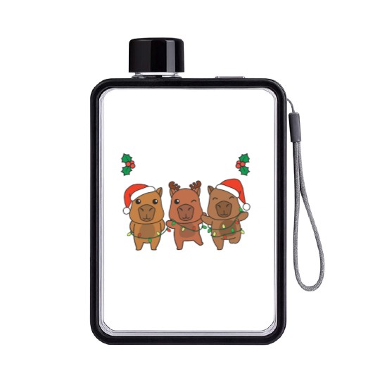Merry Christmas Cute Capybara Festive Lights Flat Water Bottles