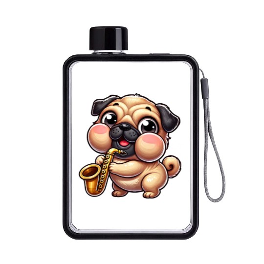 Cute Pug Saxophone Musician Cartoon Jazz Flat Water Bottles