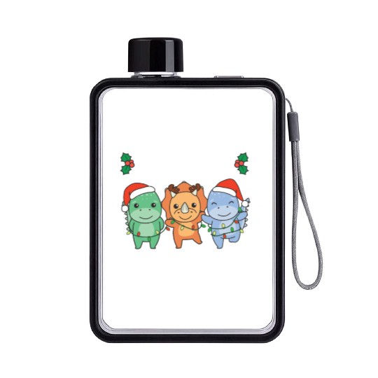 Merry Christmas Cute Dino Festive Lights Dino Flat Water Bottles