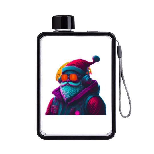 Retro Cool Santa Claus with Headphones Neon Colors Flat Water Bottles