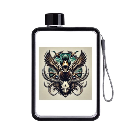 Mallard duck flying over deer skull in marsh Flat Water Bottles