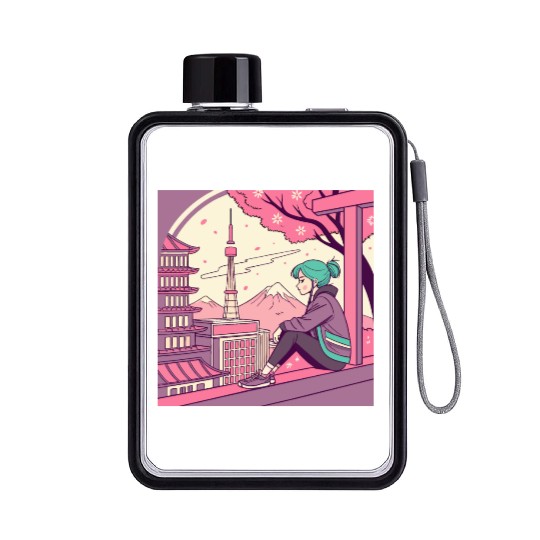 Blossom Breeze: Tokyo Girl Embracing a Tranquil Flat Water Bottles