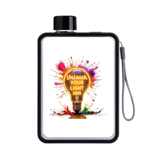 A large starburst glowing in neon light with 2025 Flat Water Bottles