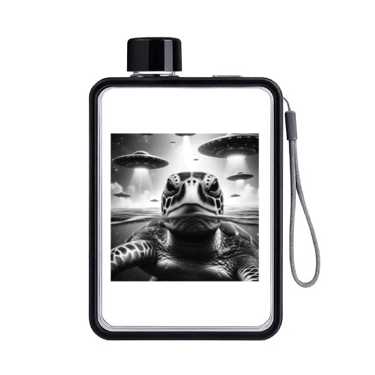 Sea Turtle Funny Graphic Selfie with UFOs Weird A Flat Water Bottles