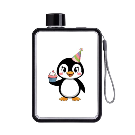 Birthday Joyful Penguin With Cupcake Flat Water Bottles