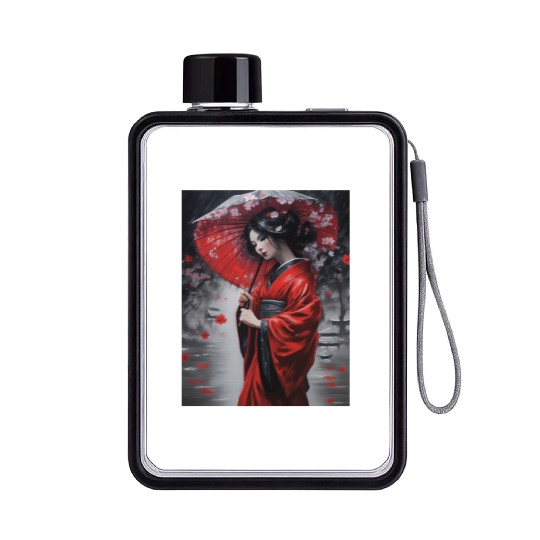 Geisha umbrella rain storm cherry blossoms Flat Water Bottles