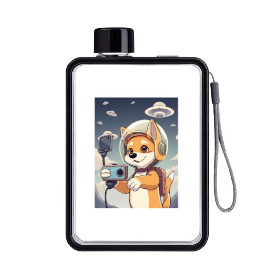 Funny Dog Rescue Anime Selfie with UFOs Weird Flat Water Bottles