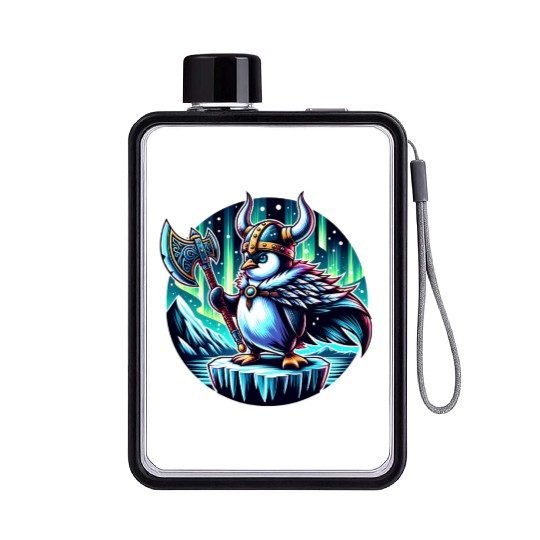 Viking Penguin with Axe Under Northern Lights Flat Water Bottles