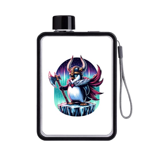 Viking Penguin Warrior Under Northern Lights Flat Water Bottles
