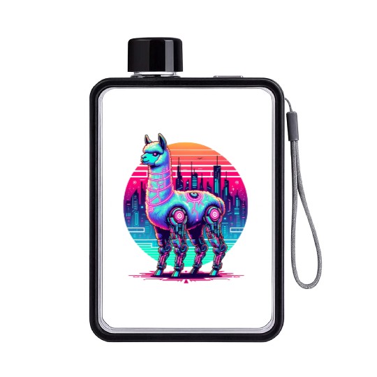 Futuristic Cyber Llama in Neon Cityscape Flat Water Bottles
