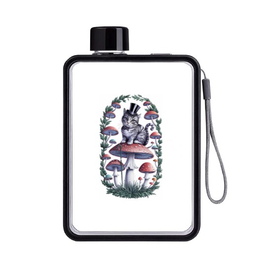 Gentleman cat hatter sitting on mushroom Flat Water Bottles