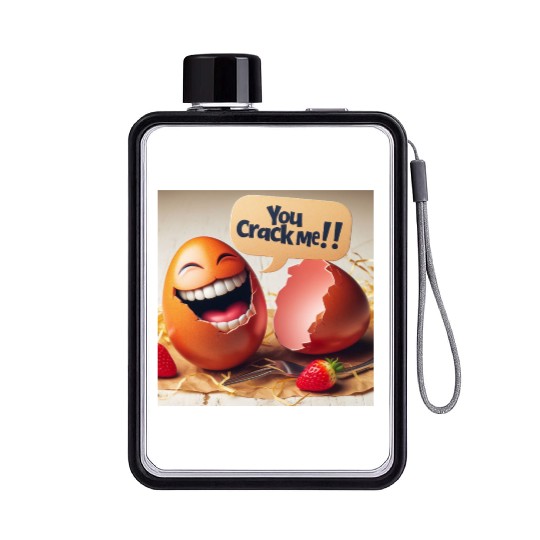 A cracked Easter egg laughing with the caption Flat Water Bottles