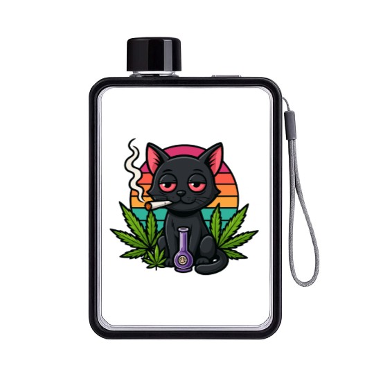 Cute Cat Smoking Weed Flat Water Bottles