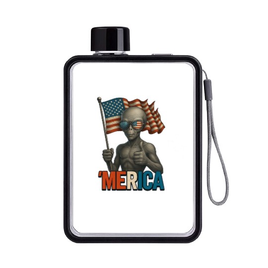 Thumbs Up Merica Alien 4th of July Funny Flat Water Bottles