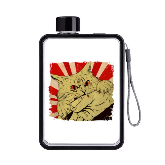 Funny Cat Angry Kitty Japanese Anime Cat Bite Cat Flat Water Bottles