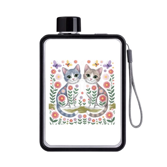 Gemini Zodiac Twin Cats Art Flat Water Bottles