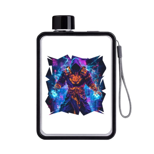 Bright Magician With Energy Aura In Neon Colors Flat Water Bottles