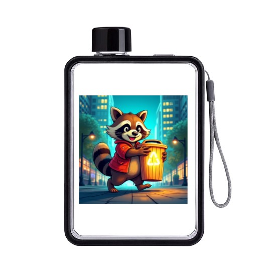 Cartoon Raccoon Recycling in City Flat Water Bottles