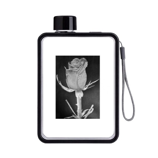 Realistic Graphite Rose & Dew Drawing - RT Art © Flat Water Bottles