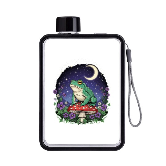 Green Frog on Red Mushroom - Starry Night Flat Water Bottles
