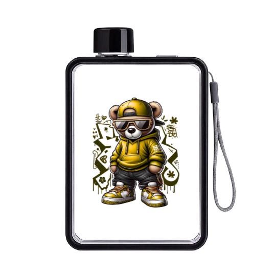Yellow Street Wear Teddy Bear Flat Water Bottles
