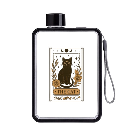 The Cat Tarot Card, Mystical Black Cat, Celestial Flat Water Bottles