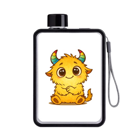 Cute Yellow Monster with Rainbow Horns Flat Water Bottles