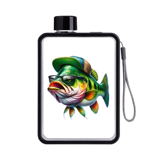 Cool Bass Fish with Green Hat and Glasses Flat Water Bottles