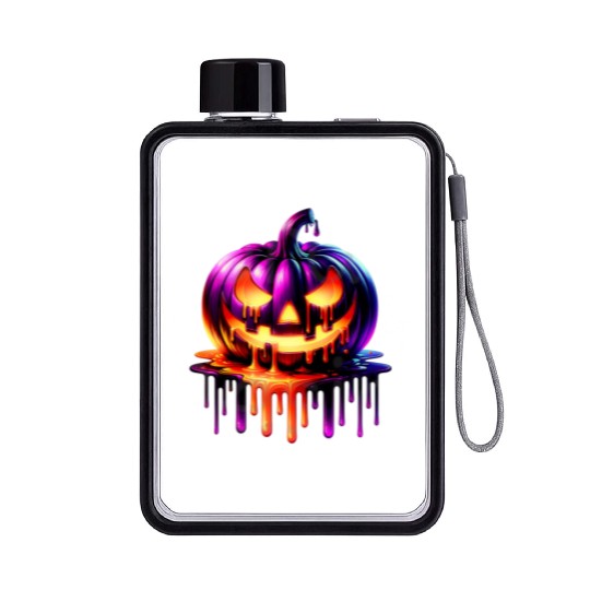 Neon Dripping Pumpkin Halloween Design Flat Water Bottles