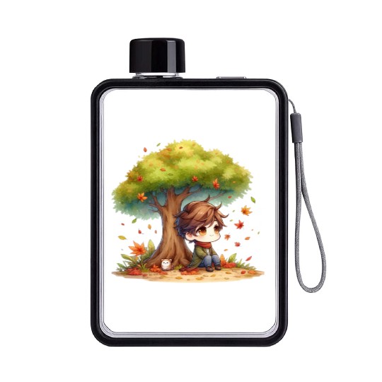 Autumn Serenity Chibi under a Maple Tree Flat Water Bottles