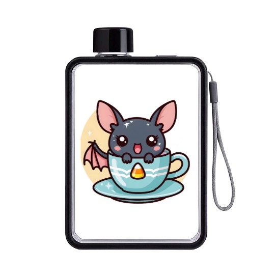 Cute Bat in Tea Cup Illustration Flat Water Bottles